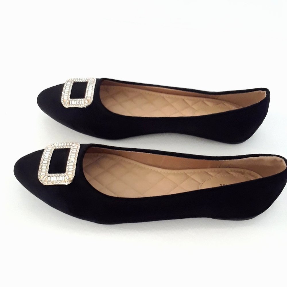 Black Velvet Rhinestone Buckle Pointed Toe Ballet Flats - Picture 5 of 15